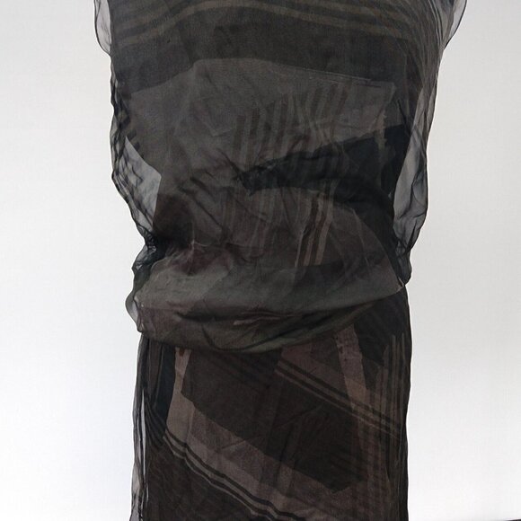 Reed Krakoff Gray Silk Dress Size 8 Blouson Chiffon Overlay Print Asymmetric - Picture 3 of 16